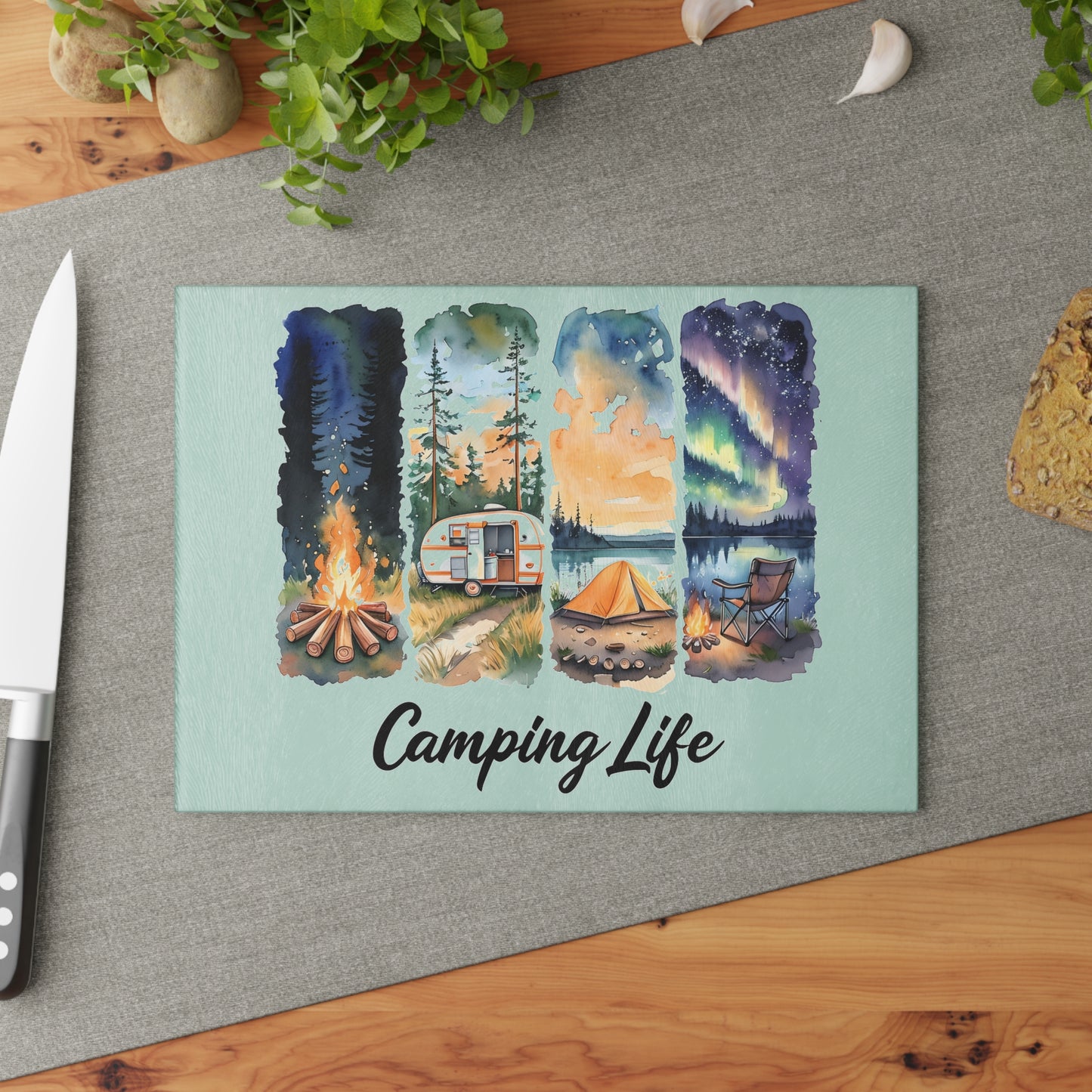 Camping Life Glass Cutting Board – Watercolor Camper, Tent & Campfire Kitchen Board