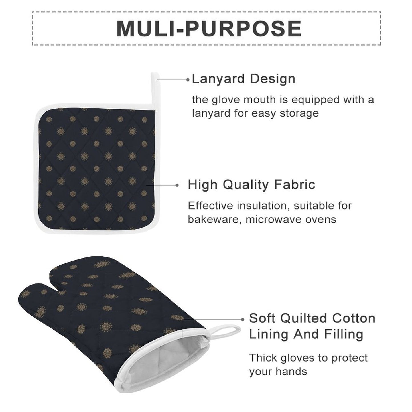 Oven Mitts & Pot Holder Set of 3 - Black & Navy Blue