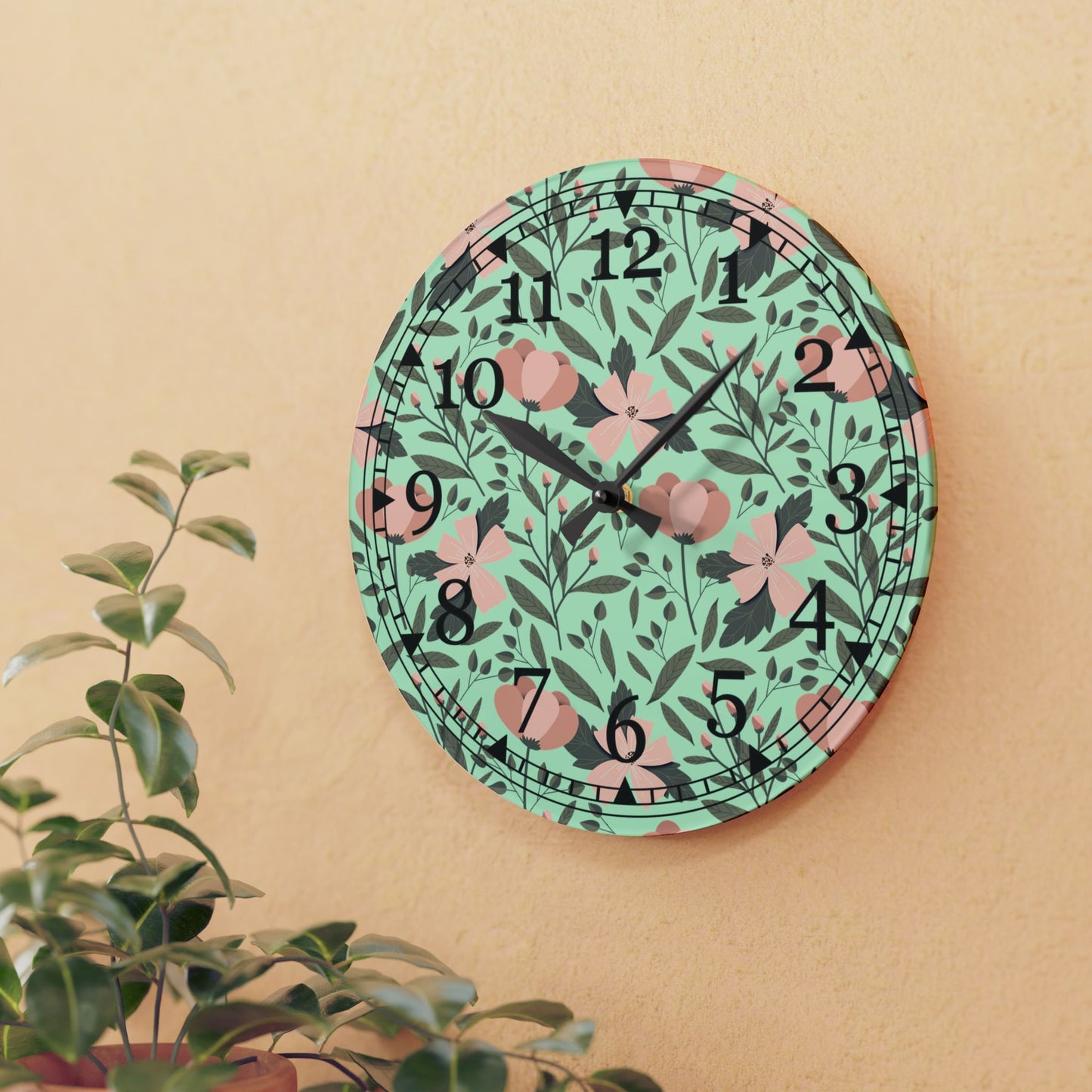 Floral Acrylic Wall Clock – Mid-Century Modern Decor, Home Accent