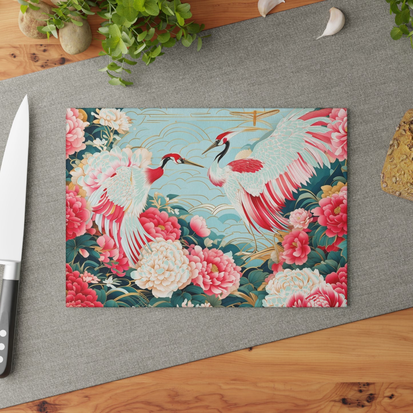 Glass Cutting Board — Elegant Cranes & Peonies Floral Kitchen Trivet