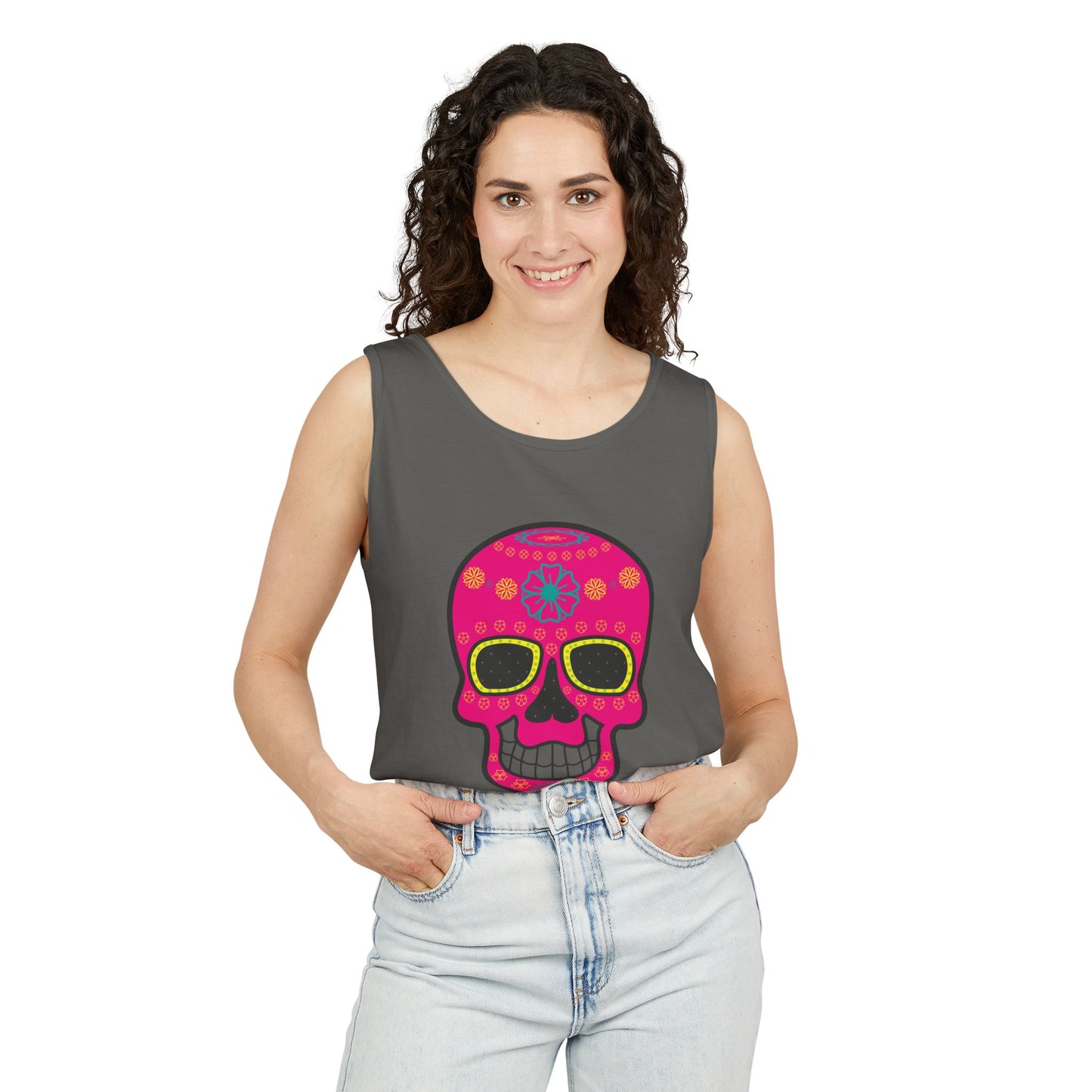 Colorful Dia de los Muertos Skull Tank Top, Unisex Summer Tee, Festival Wear