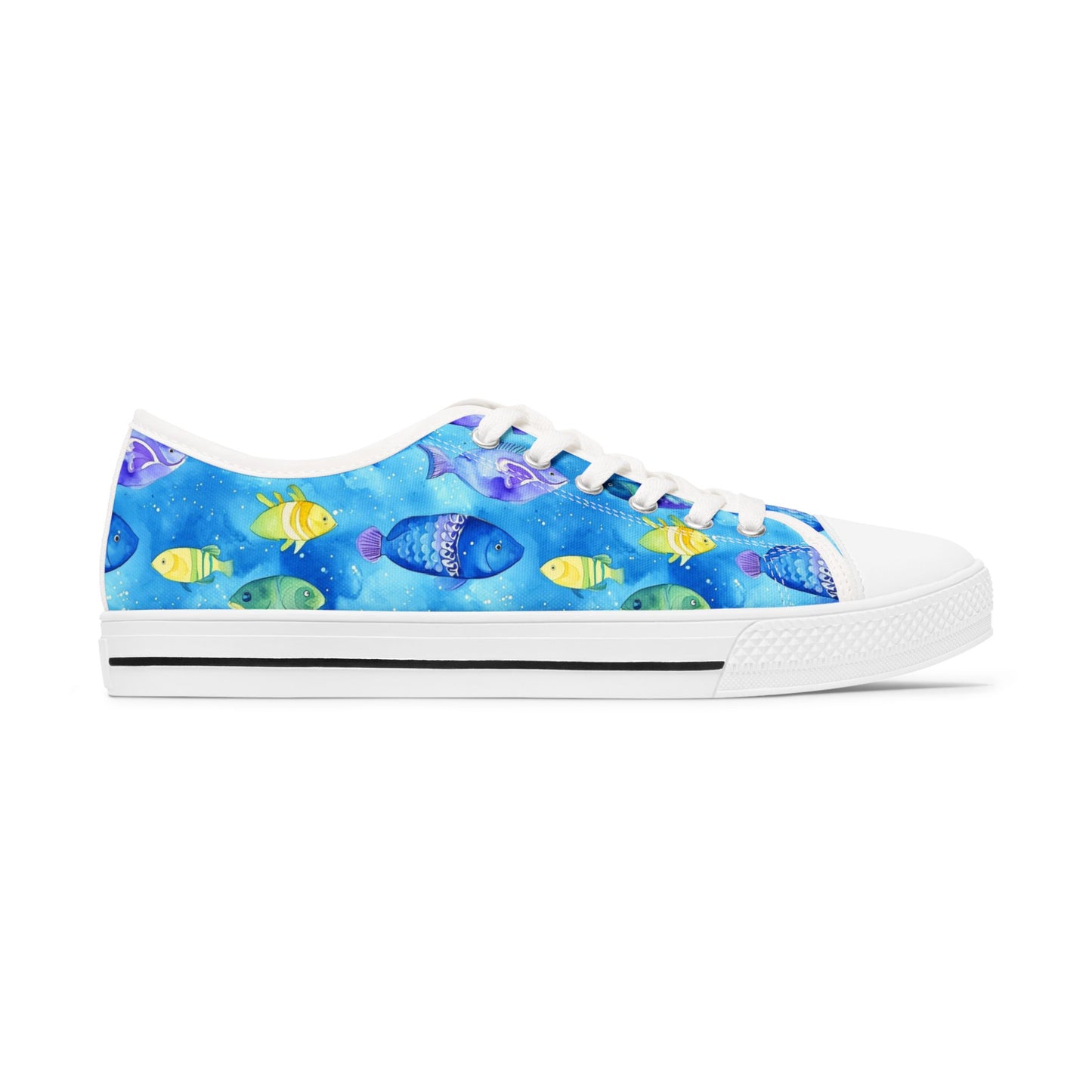 Low Top Sneakers — Blue Tropical Fish Print Canvas Shoes