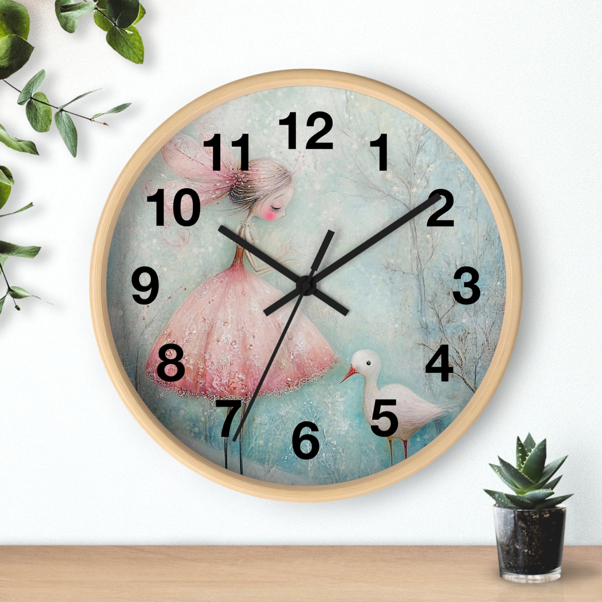 Whimsical Girl & Swan Wall Clock — Pastel Nursery Decor
