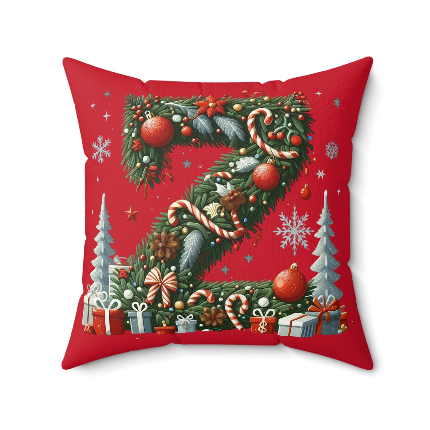 Christmas Wreath 'Z' Holiday Throw Pillow – Festive Red Decorative Cushion