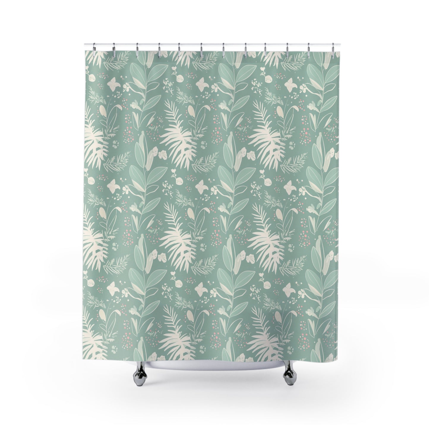Botanical Leaf Shower Curtain — Mint Green Floral Bathroom Decor