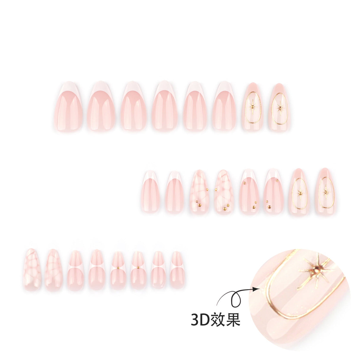 3D Bohemian French White Short Almonds press-on nails – Image 2