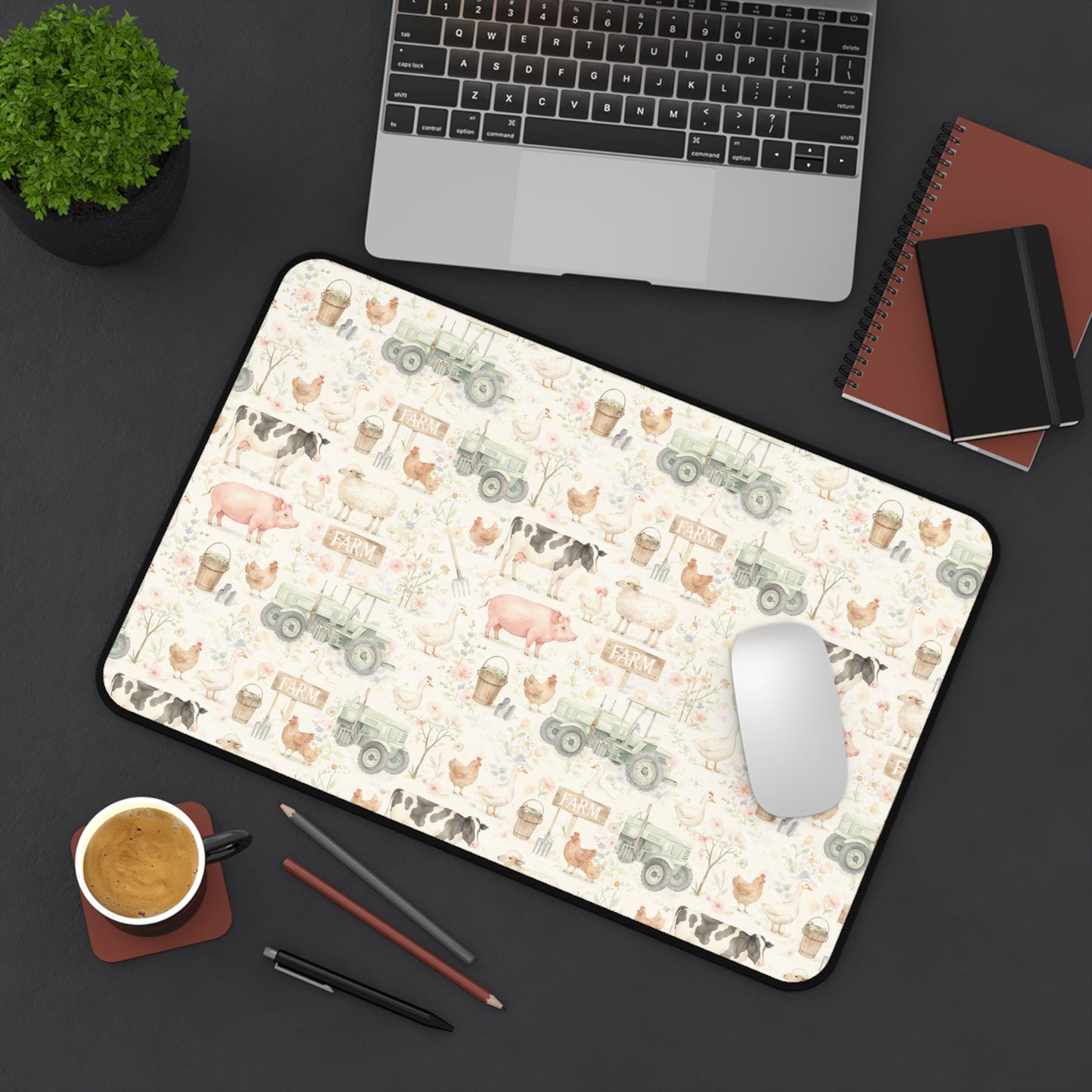 Farmhouse Animals Desk Mat — Vintage Tractor, Pig & Chicken Pattern