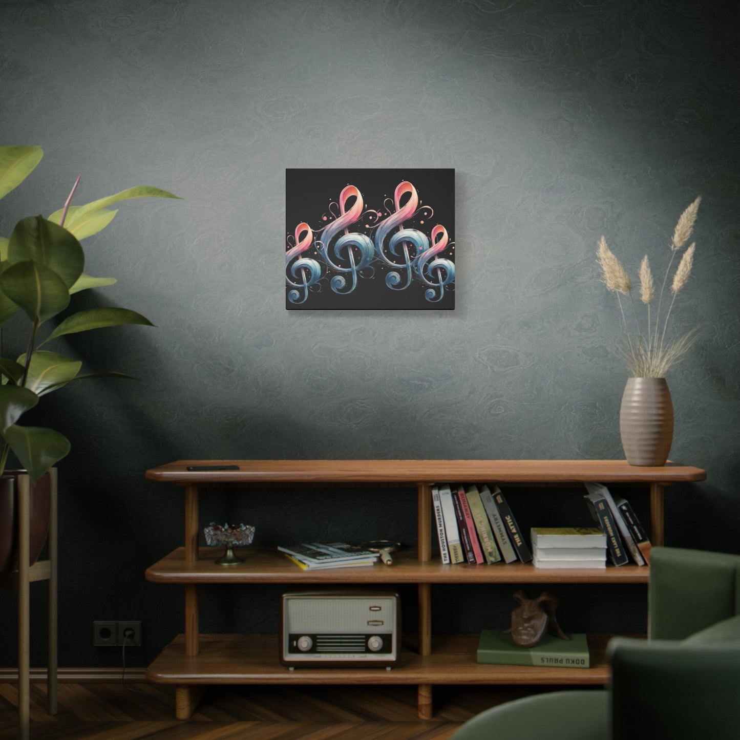 Musical Treble Clef Canvas Wall Art — Pastel Ribbon Notes on Black