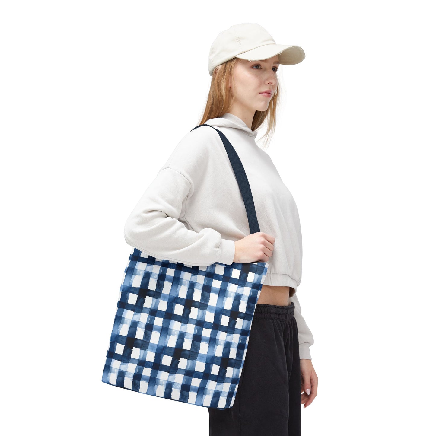 Blue Watercolor Plaid Tote Bag — Navy Check Pattern All-Over Print