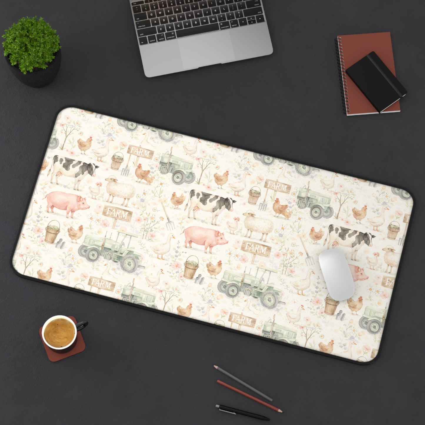 Farmhouse Animals Desk Mat — Vintage Tractor, Pig & Chicken Pattern