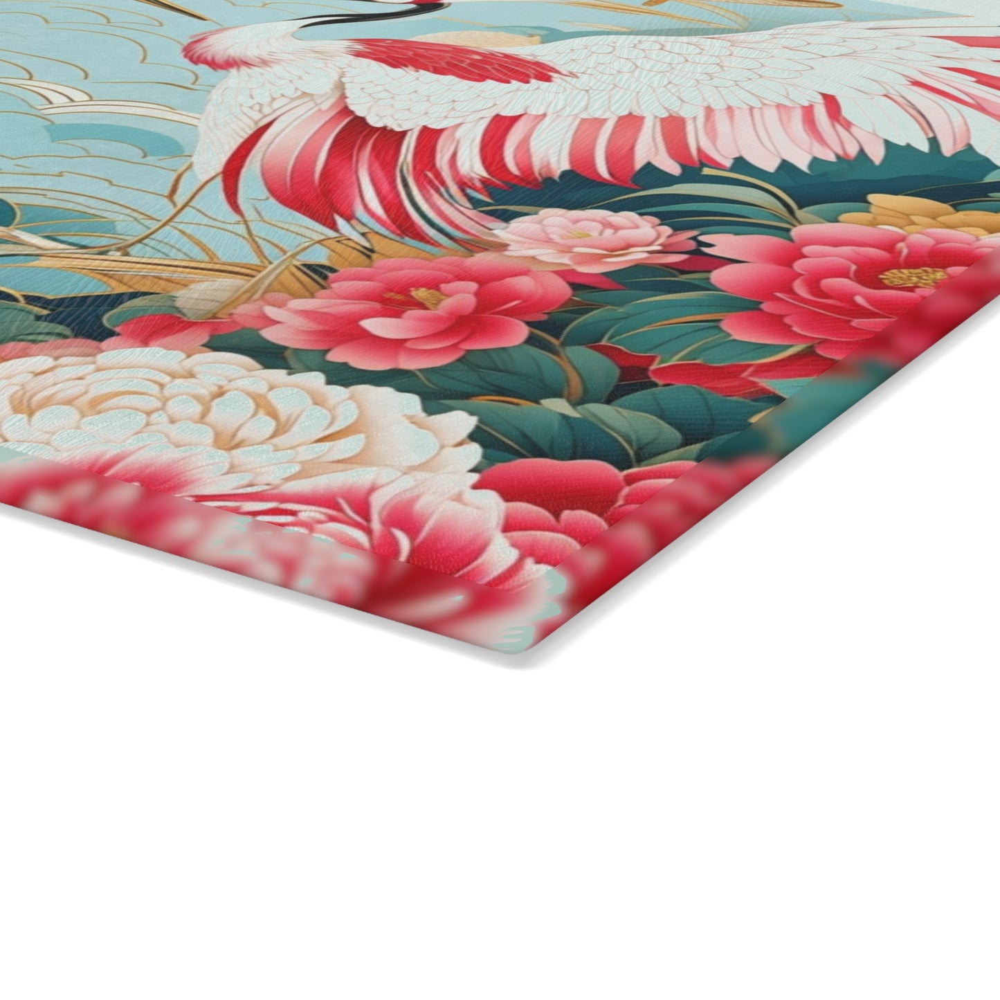 Glass Cutting Board — Elegant Cranes & Peonies Floral Kitchen Trivet