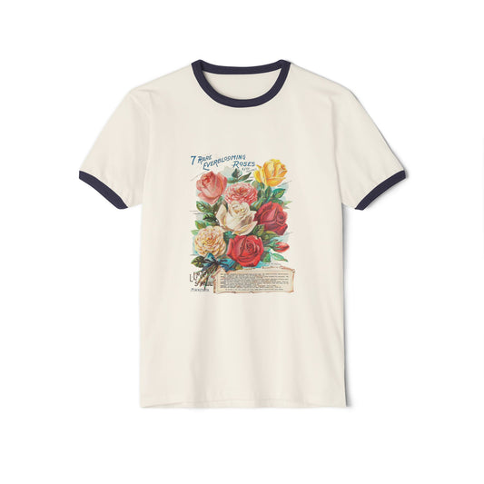 Ringer T-Shirt - Vintage Botanical Rose Bouquet (Includes Floral Text)