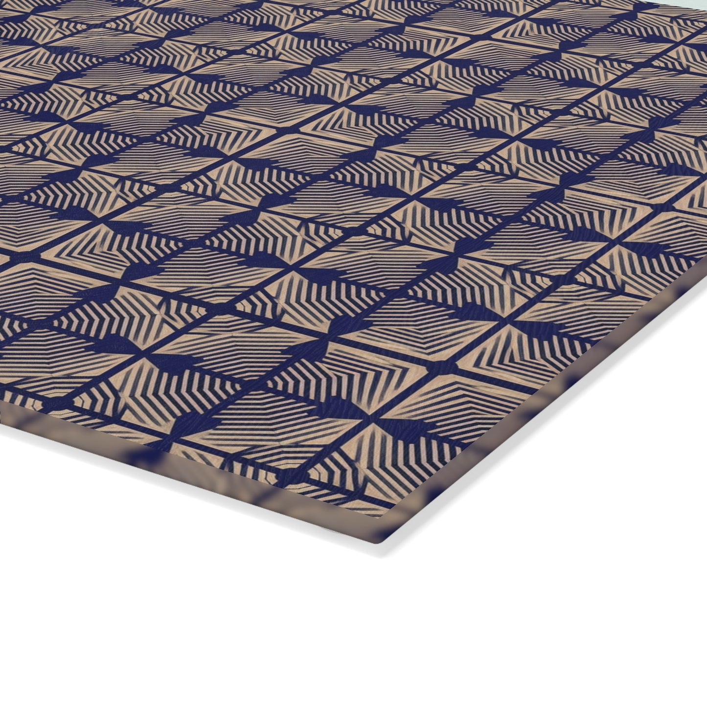 Patterned Glass Cutting Board – Vintage Blue Geometric Tile Design