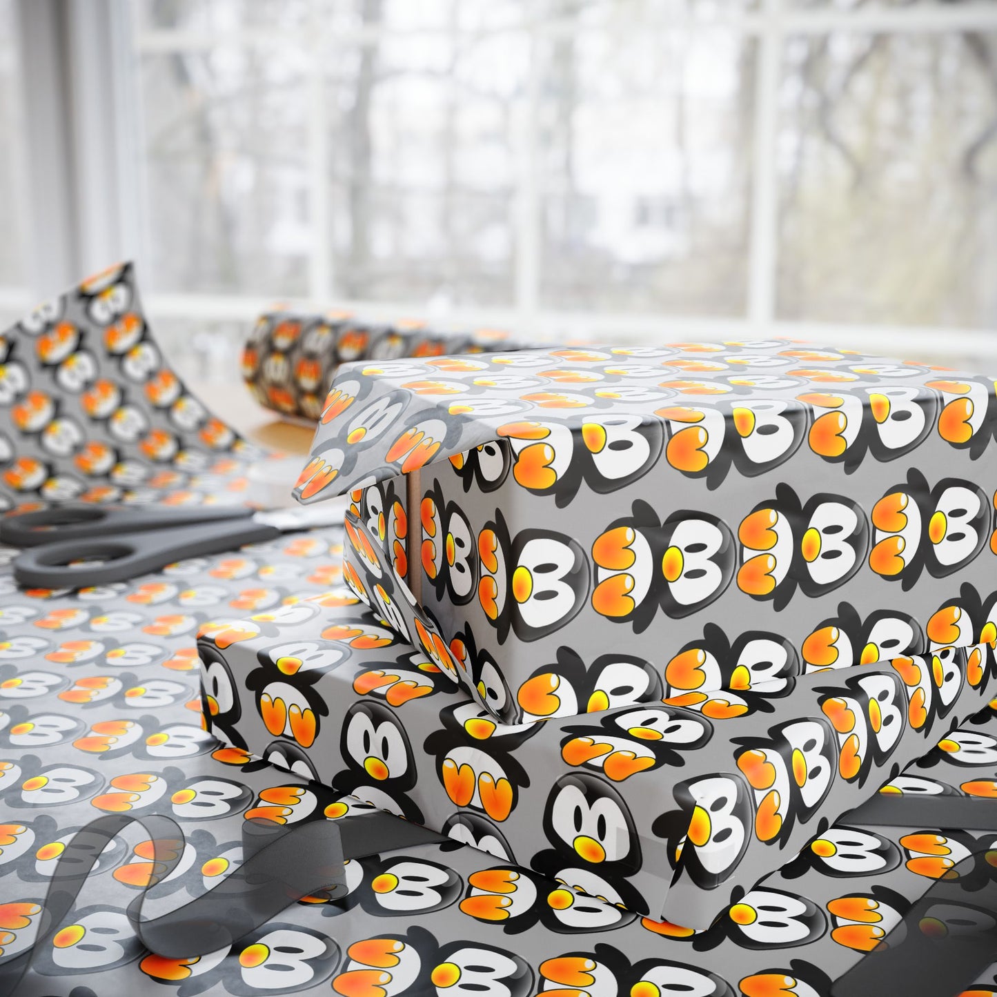 Wrapping Paper — Retro Floral Black & Orange Pattern Roll