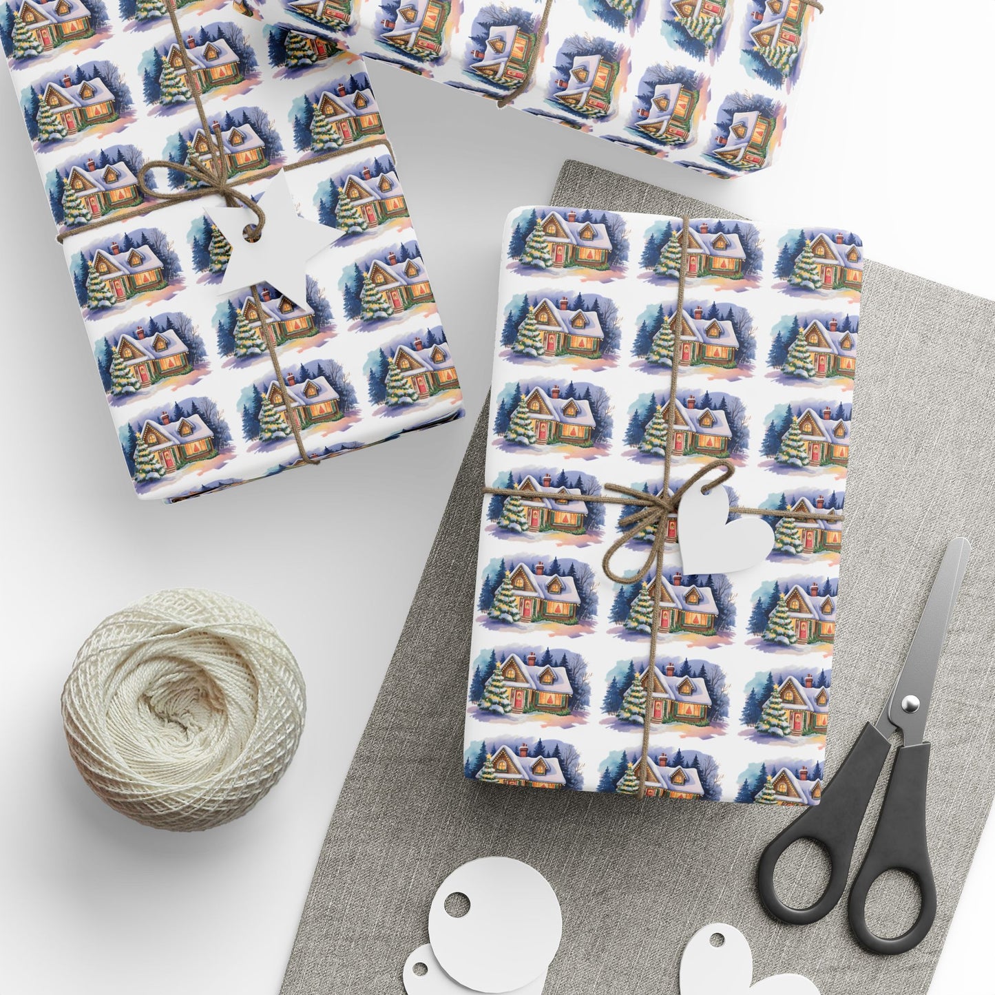 Wrapping Paper — Festive Village House Pattern Gift Wrap (Holiday & Christmas)