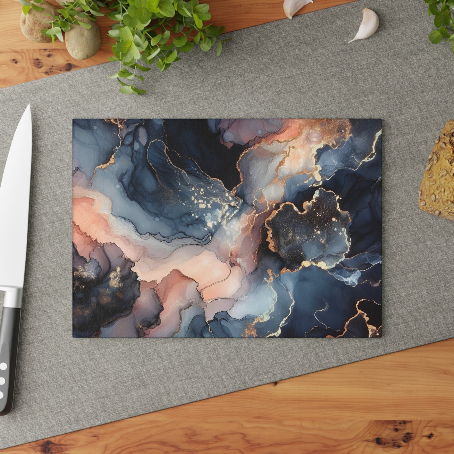 Tempera Marble Glass Cutting Board — Elegant Blue, Pink & Gold Kitchen Decor