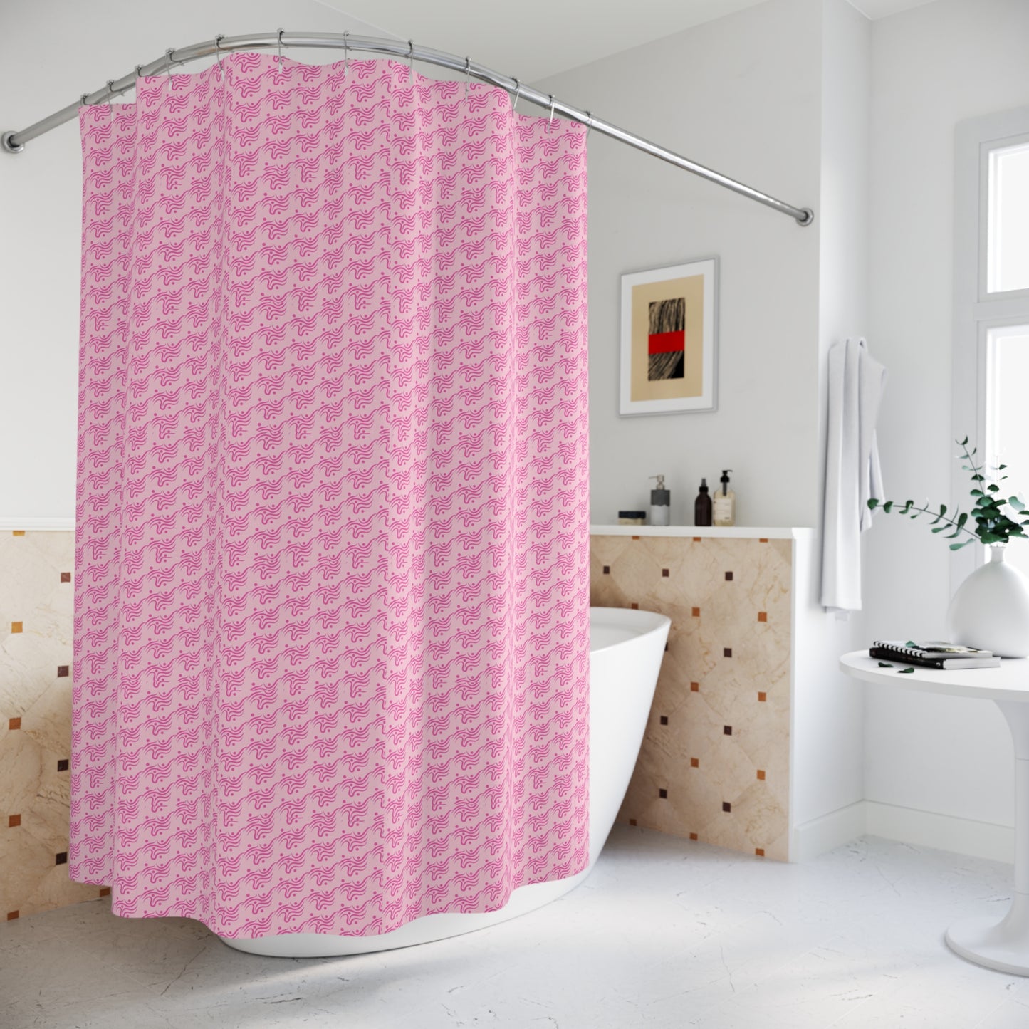 Chic Pink Patterned Shower Curtain, Elegant Bathroom Decor, Modern Design, Gift for Homeowners, Stylish Shower Accessories