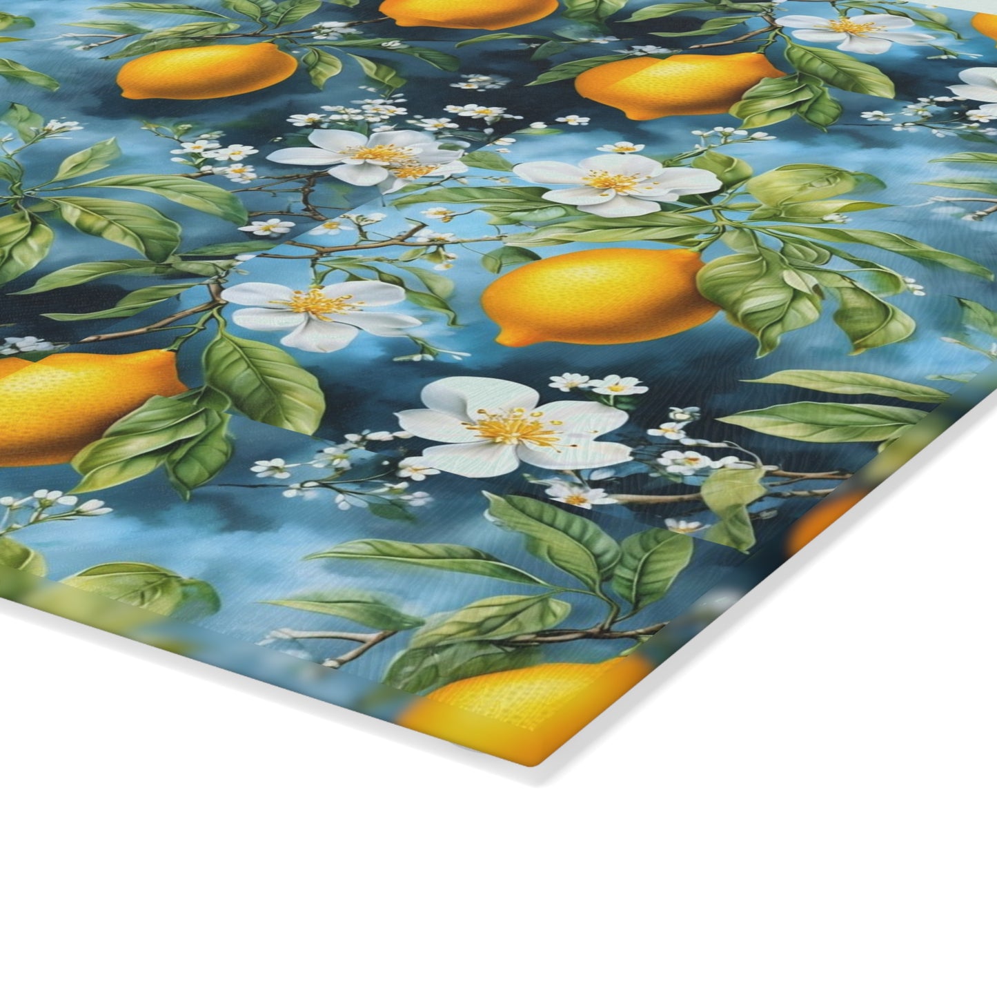 Lemon Blossom Glass Cutting Board — Citrus Kitchen Countertop Board