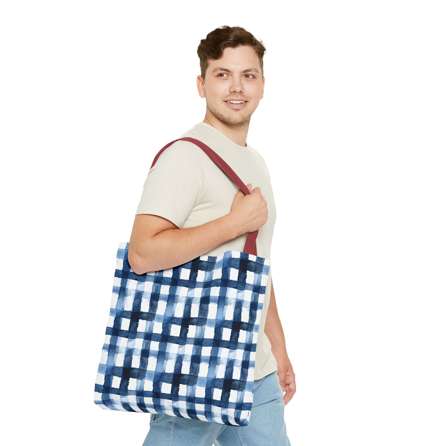 Blue Watercolor Plaid Tote Bag — Navy Check Pattern All-Over Print