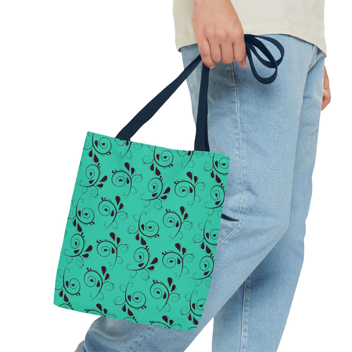 Turquoise Floral Swirl Tote Bag – All-Over Print Stylish Shopping Bag