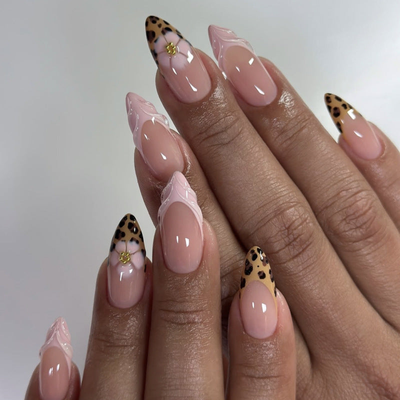 French leopard print flash 3D almond shape press-on nails
