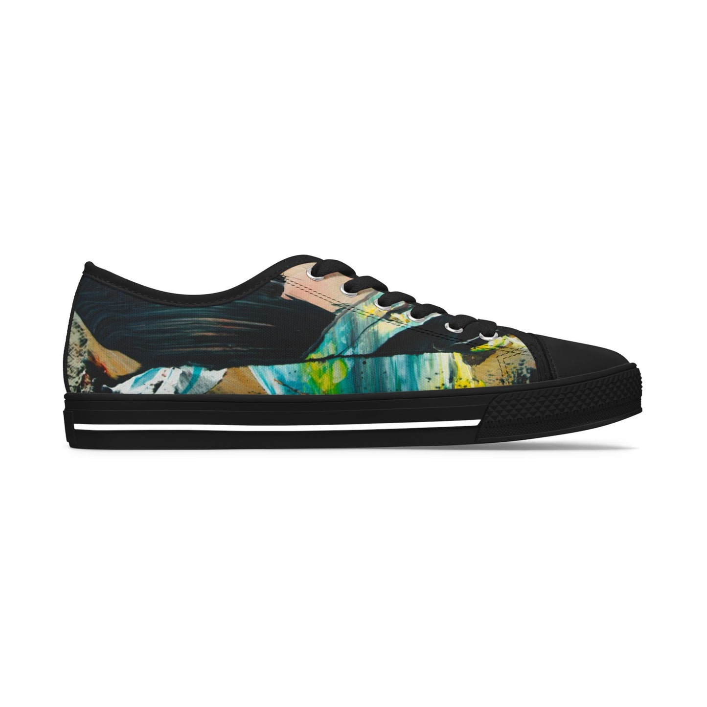 Low Top Sneakers — Abstract Teal & Yellow Brushstroke Canvas Shoes