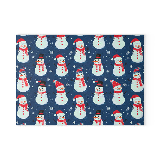 Snowman Pattern Glass Cutting Board — Festive Holiday Kitchen Decor