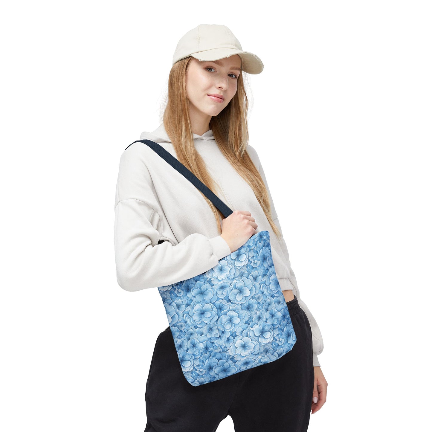 Blue Watercolor Floral Tote Bag — Reusable Flower Pattern Shopper
