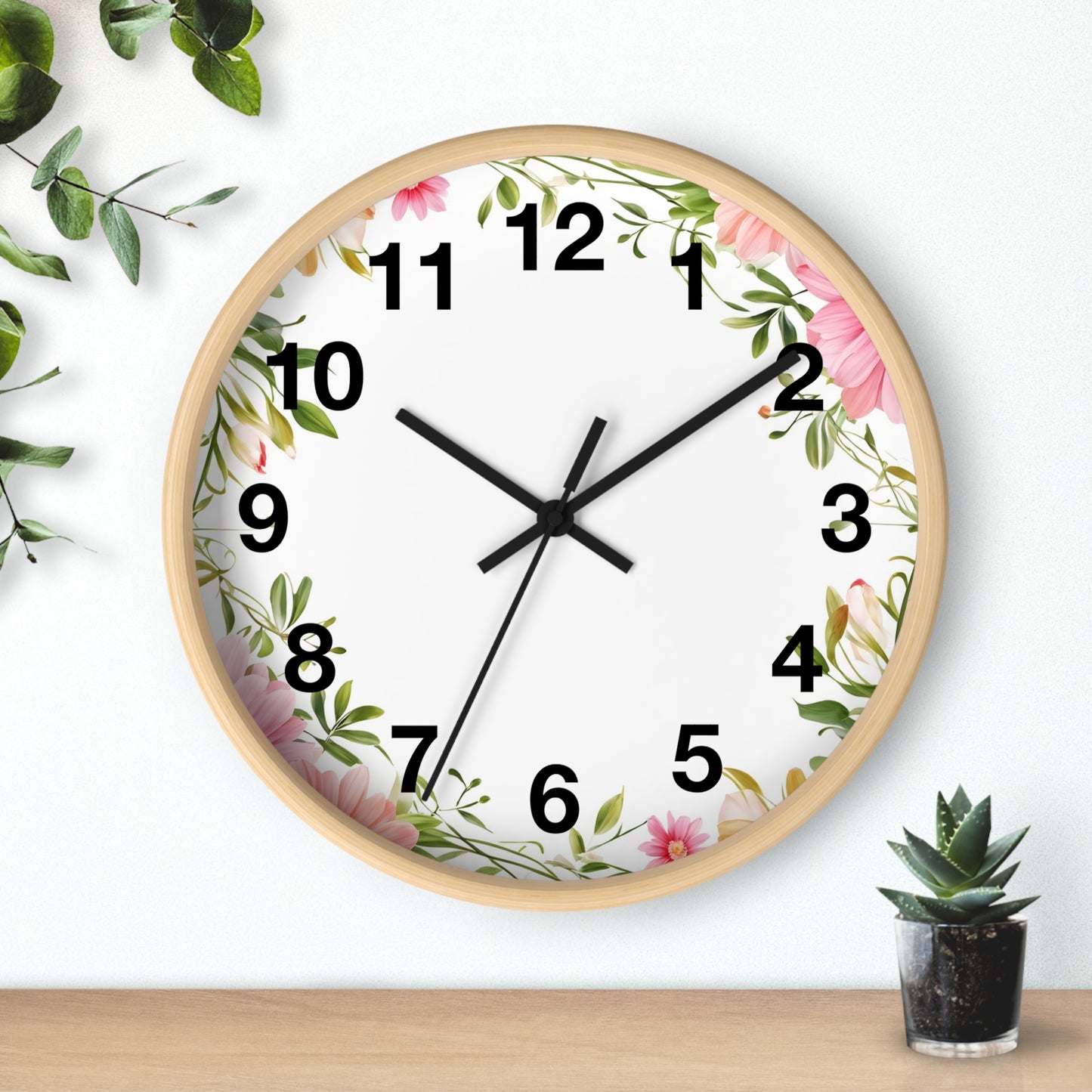 Floral Wreath Wall Clock — Pink Garden Decorative Timepiece