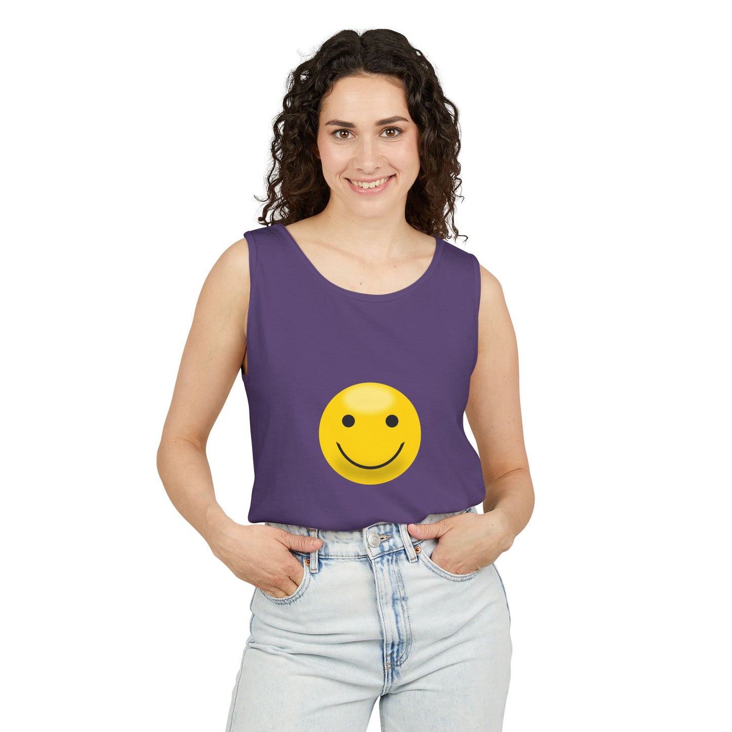 Smiley Face Tank Top, Summer Shirt, Casual Wear, Beach Outing, Gift for Friends, Positive Vibes Apparel