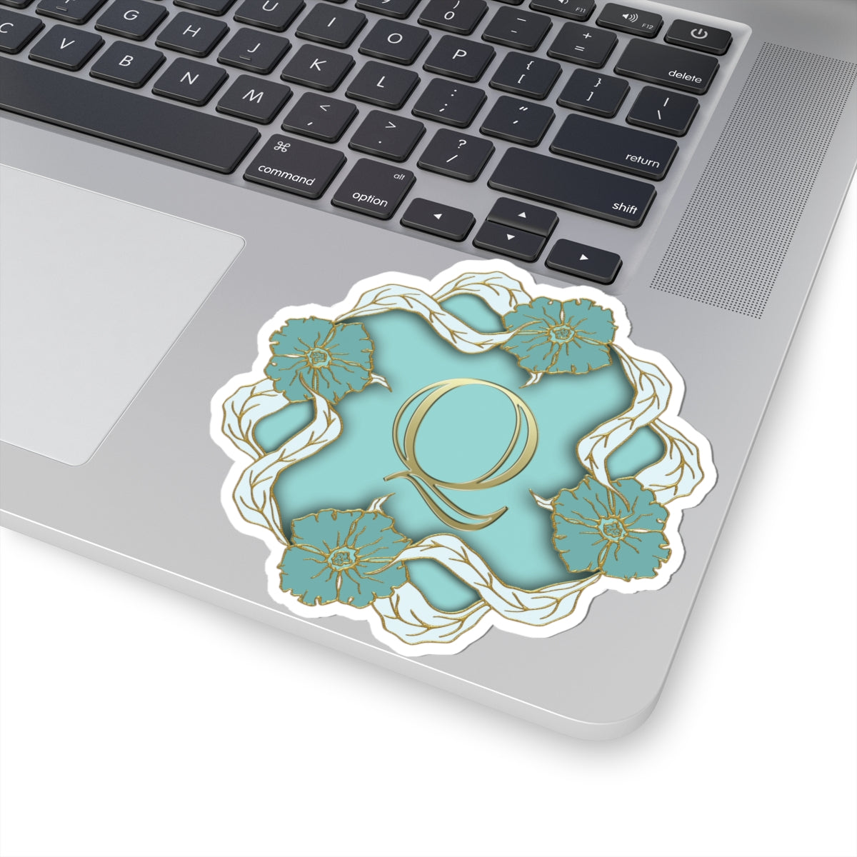 Monogram Q Floral Sticker — Gold Lettering on Teal Kiss-Cut Sticker