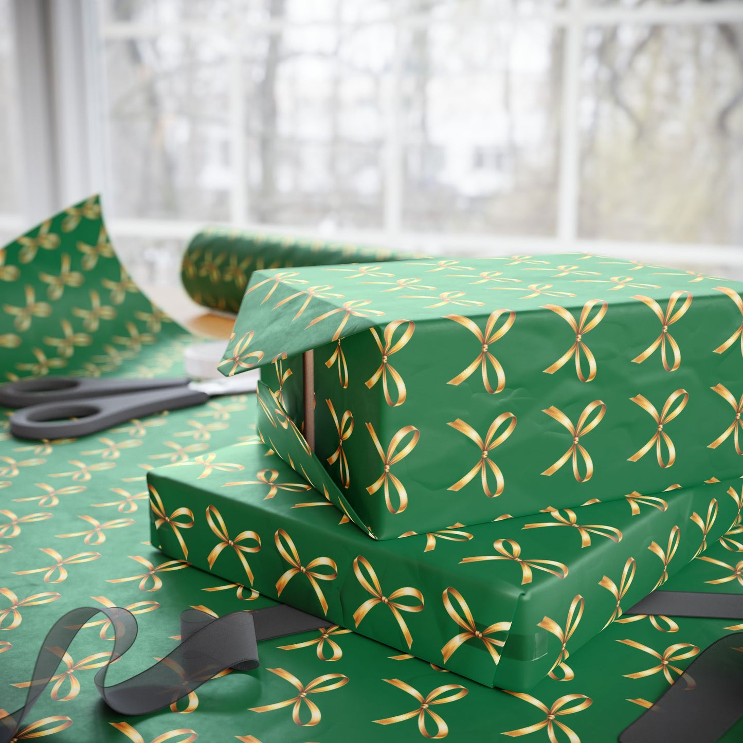 Green Wrapping Paper Roll — Gold Bow Pattern