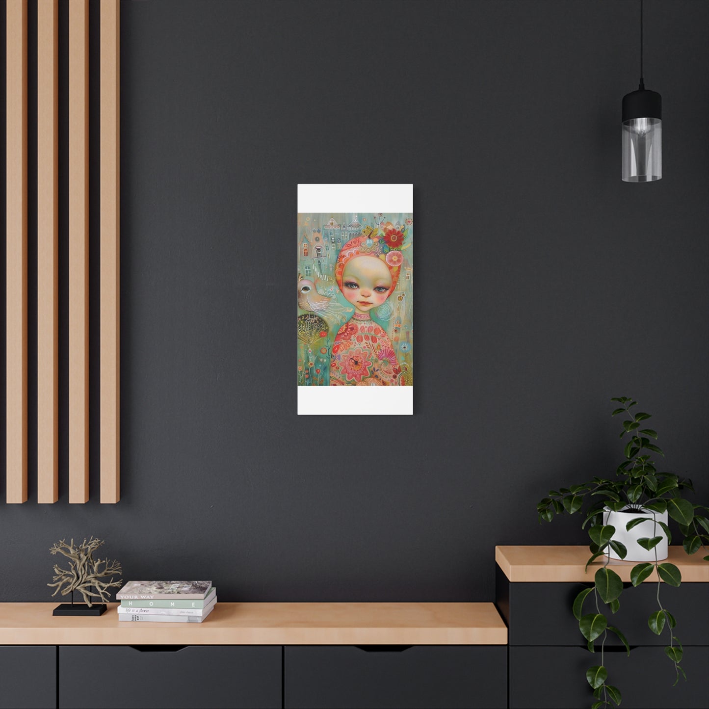 Whimsical Girl & Bird Matte Canvas Wall Art — Stretched Decorative Painting