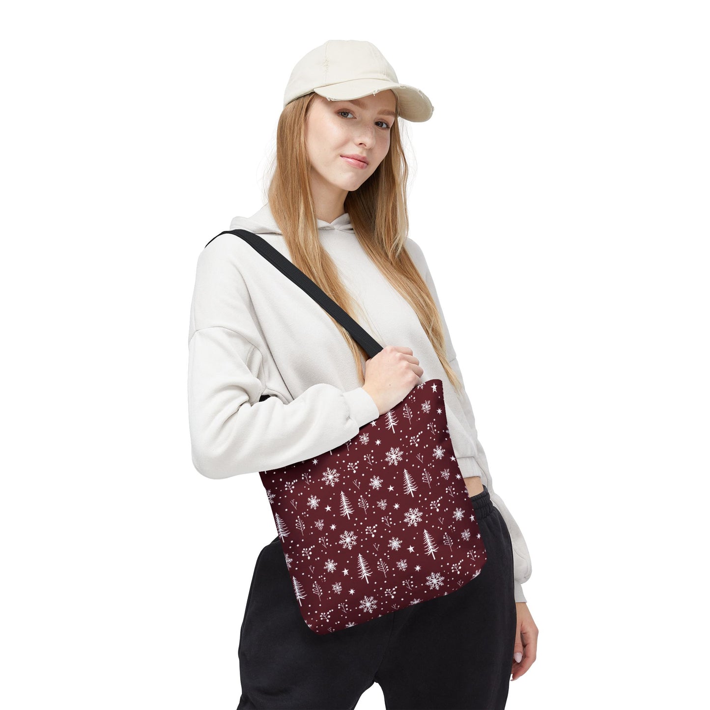 Christmas Snowflake Tote Bag – Burgundy Holiday Patterned Carryall