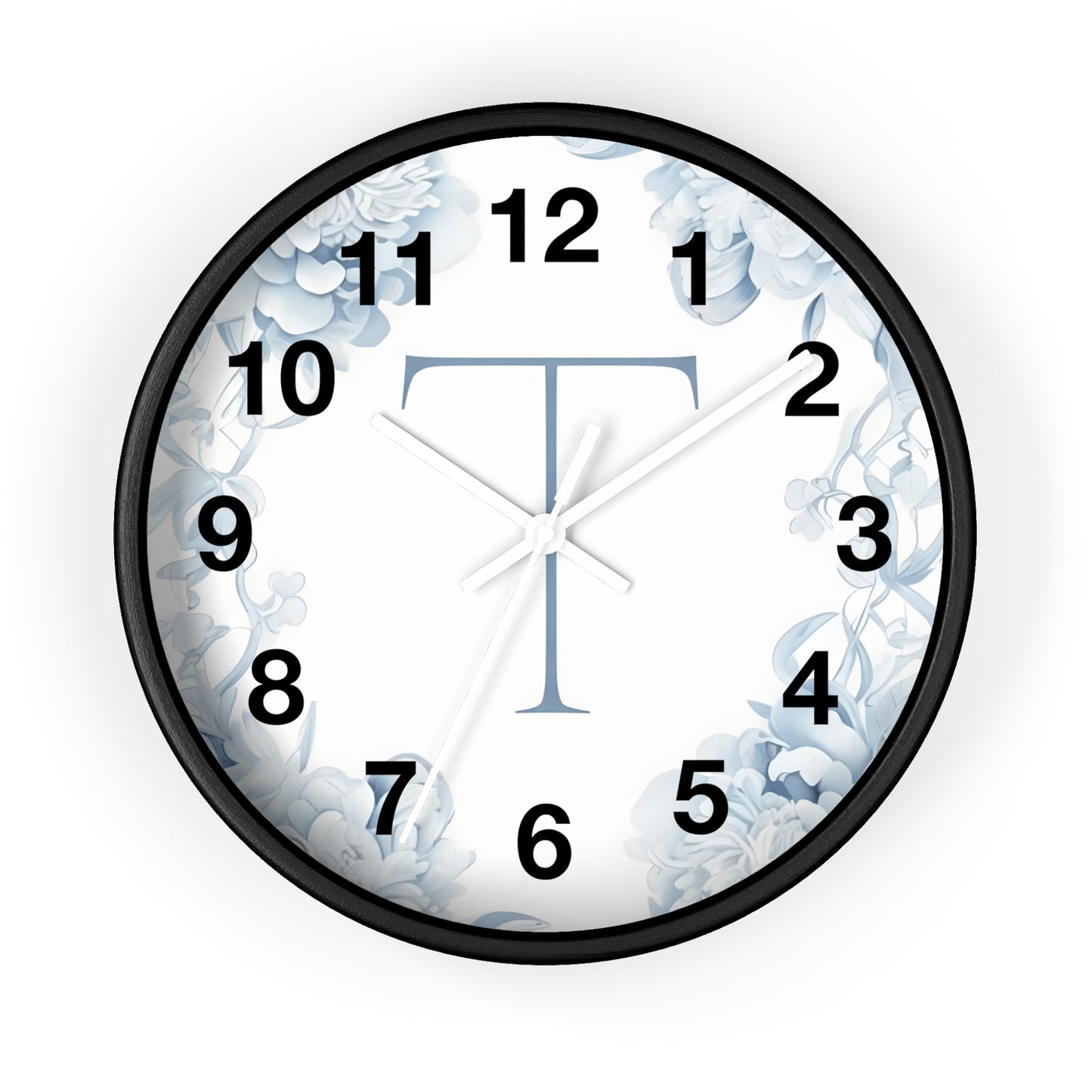 Monogram T Floral Wall Clock — Elegant Blue Initial T Home Decor