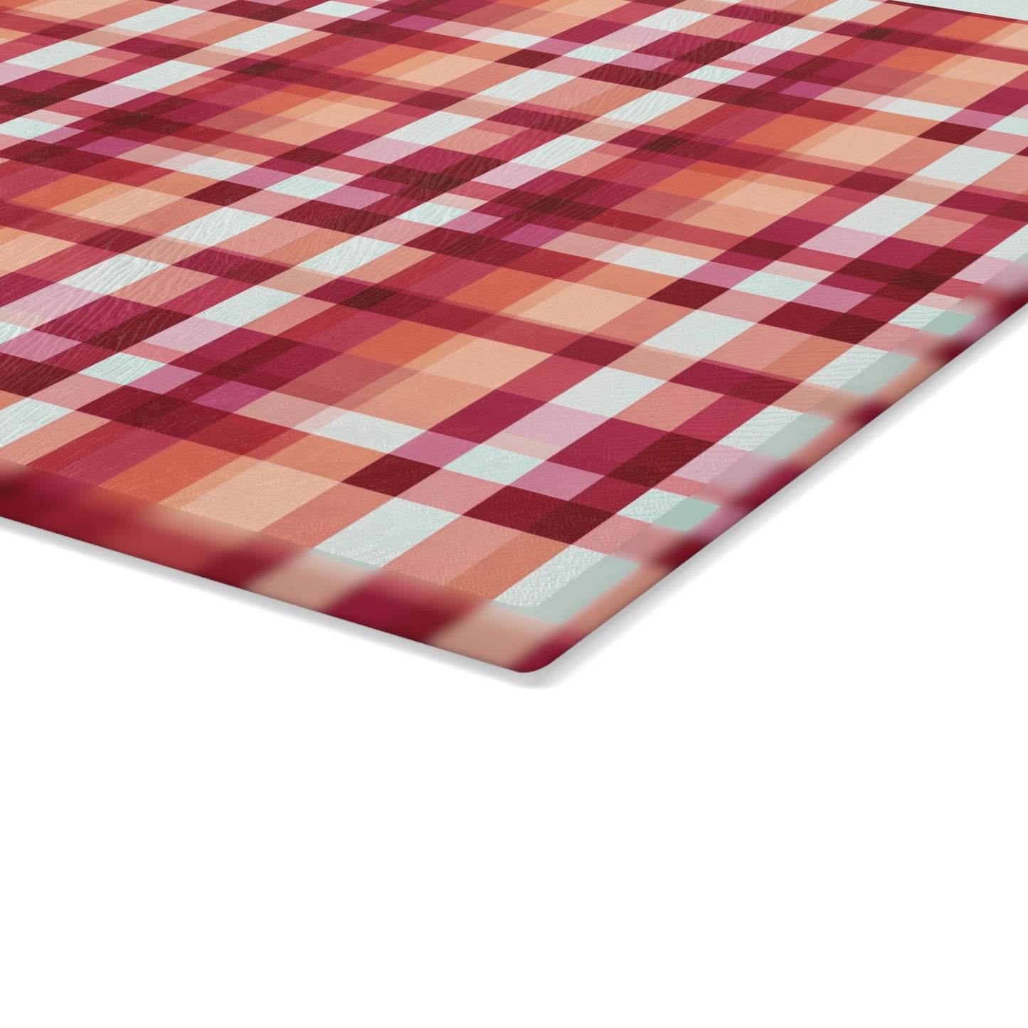 Plaid Glass Cutting Board – Warm Red & Peach Patterned Kitchen Board