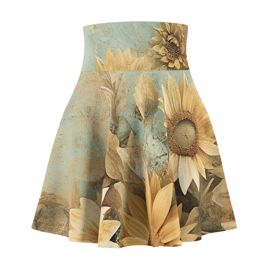 Bohemian Floral Skater Skirt, Sunflower Print, Casual Summer Style, Cute Vacation Outfit, Vintage-inspired Dress