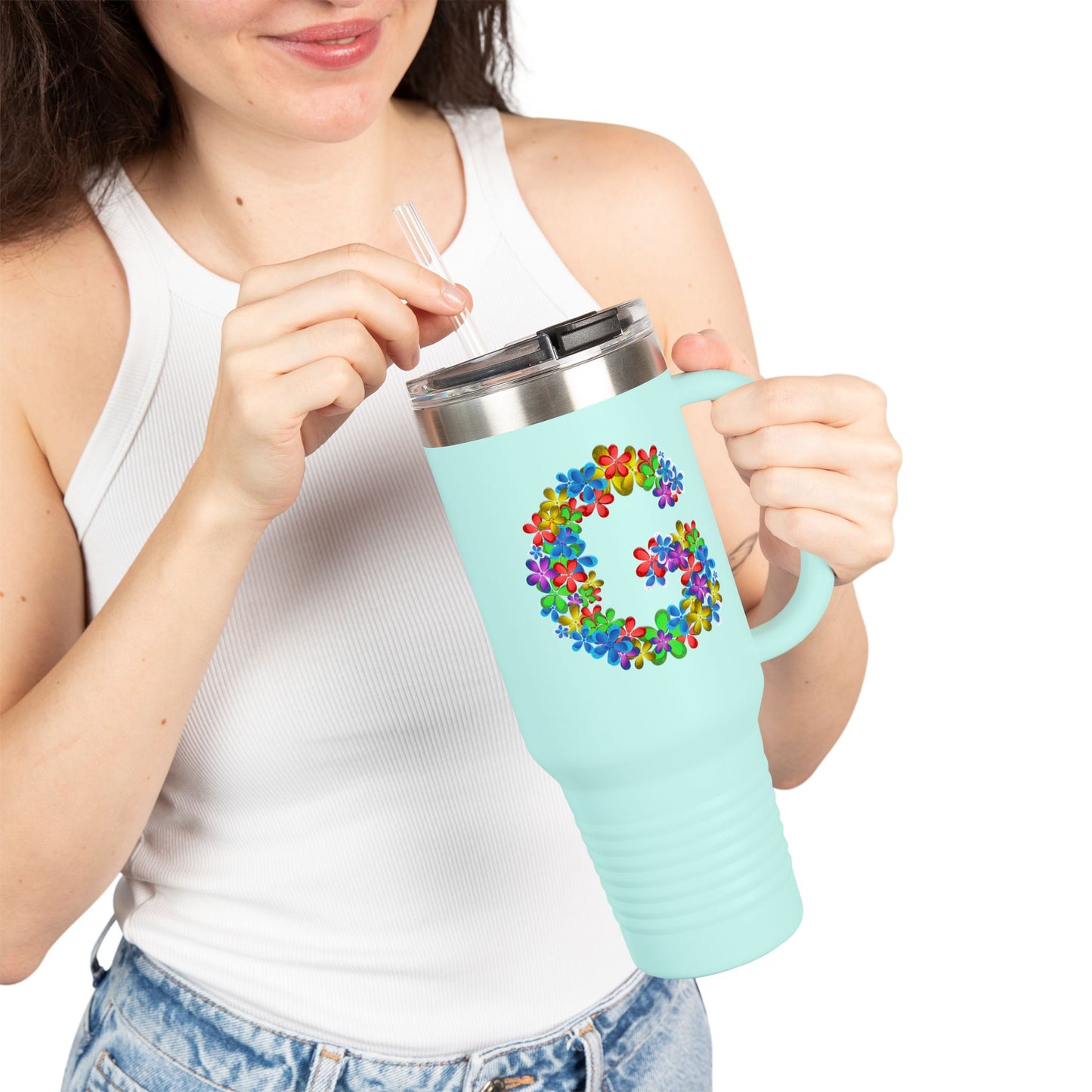 Vibrant Floral Insulated Travel Mug, Perfect for On-the-Go- Letter G