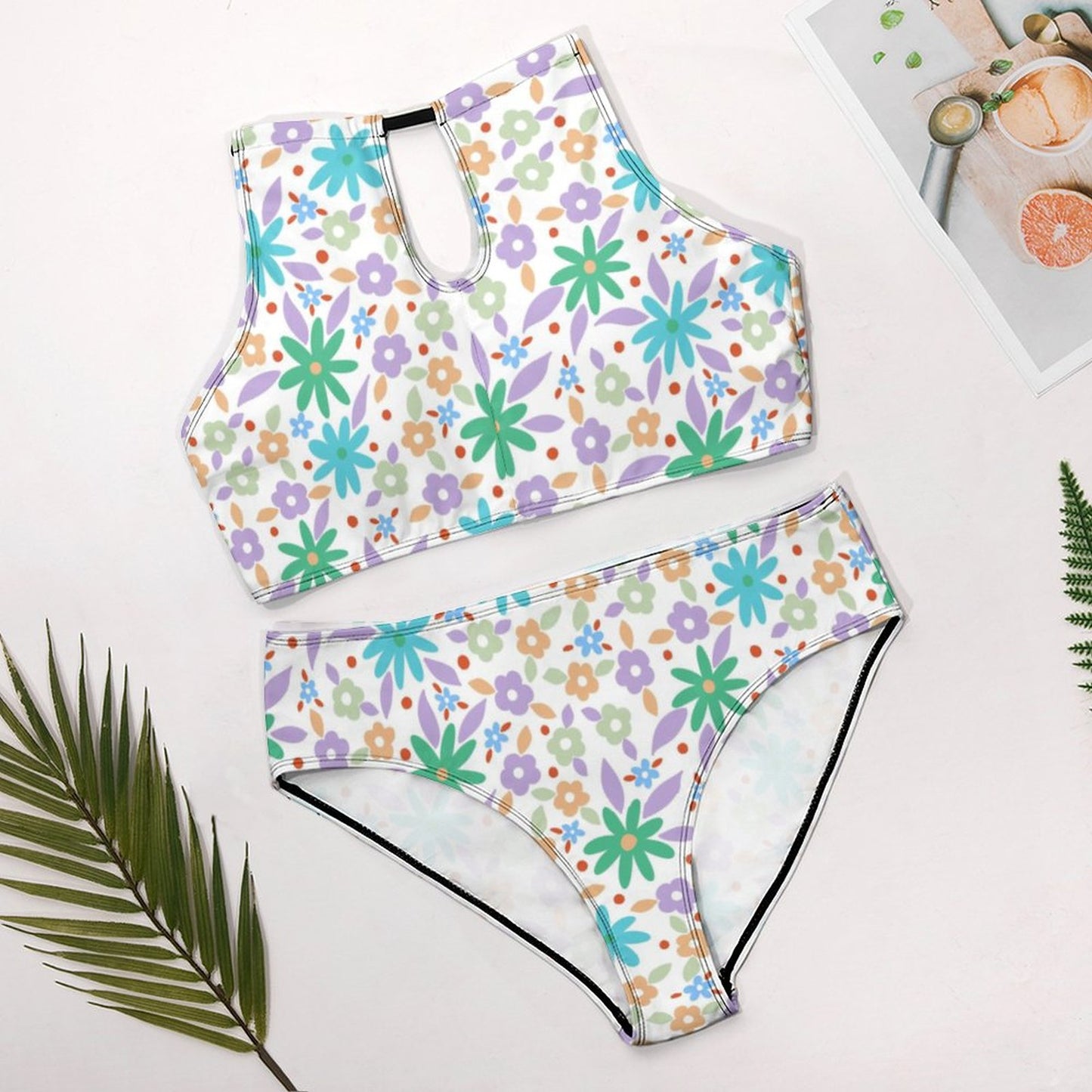 Women's Two piece Swimsuit with High Neck Halter Top Super Cute Flowers