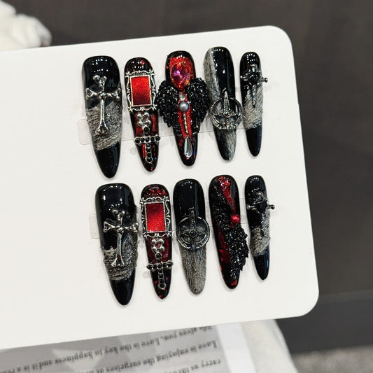 365nails: "Gothic Crucifix" – 3D Metal Cross & Bloody Heart Handmade Stiletto Nails