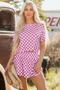 Pink Checkerboard T Shirt and High Waist Skorts 2 Piece Outfit