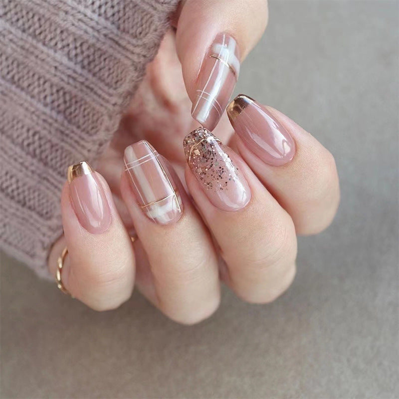 Press-on nails finished product wholesale Press-on nails, French Phnom Penh gold foil plaid nail patch Press-on nails