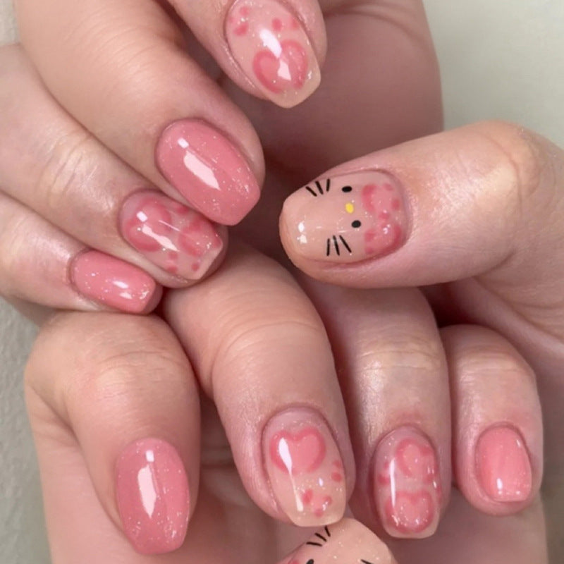 Japanese style pink bow sweet and cute short square press-on nails