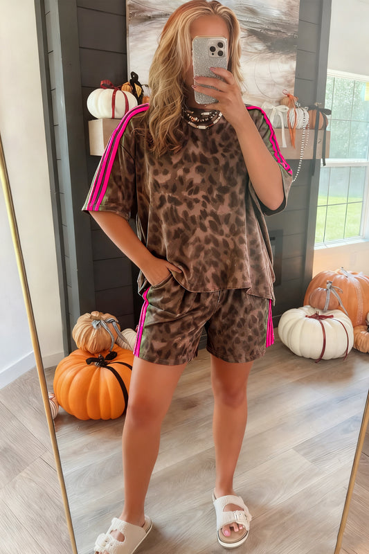 Brown Contrast Striped Accent Leopard Short Set
