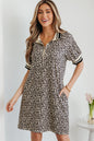 Khaki Leopard Print Zip Neck Striped Webbing Patchwork T Shirt Mini Dress