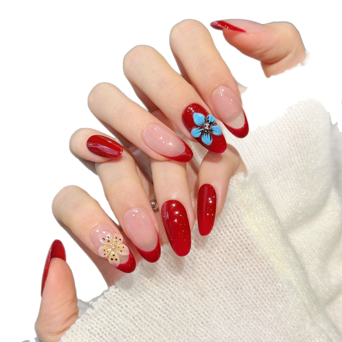 365nails: "Crimson Bloom" – 3D Floral French Tip Handmade Almond Nails – Image 4