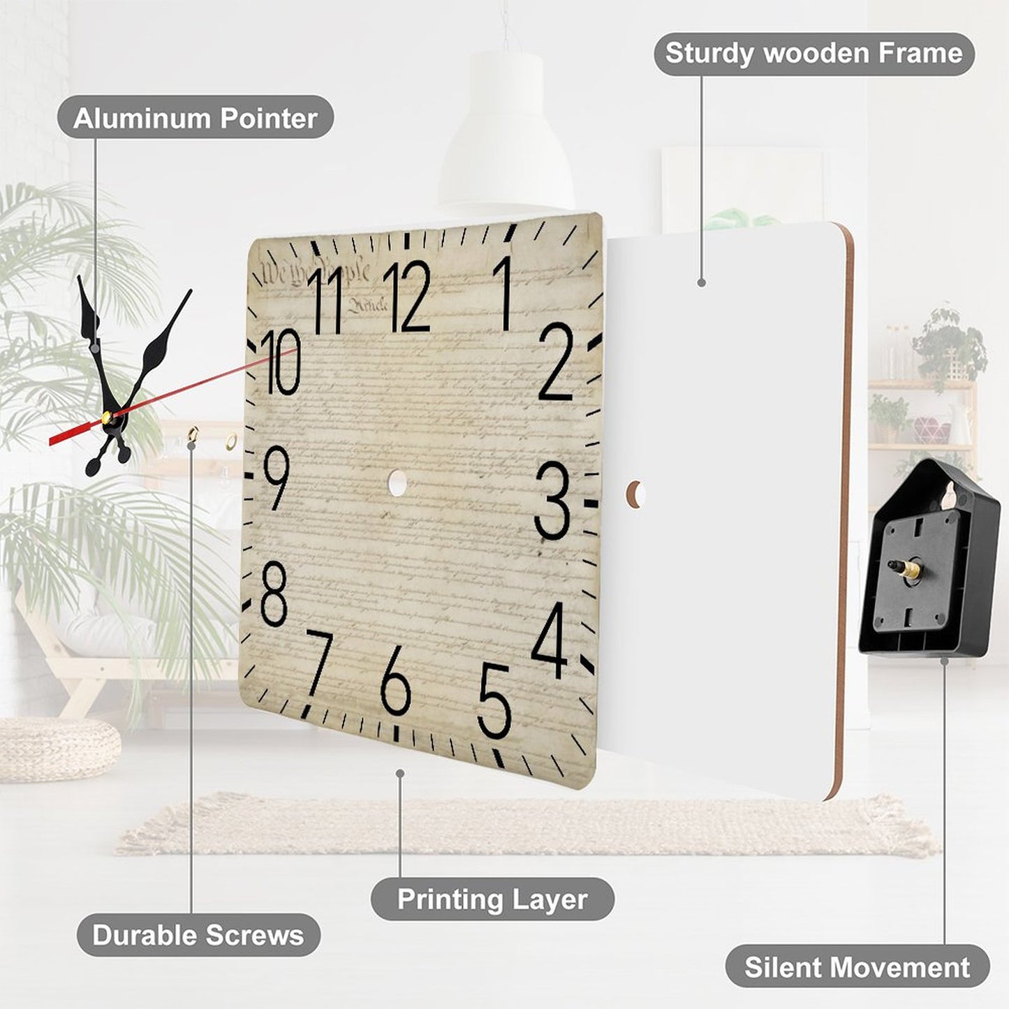 Square Wall Clock-9.8"x9.8"/25x25cm - 
"We the People"