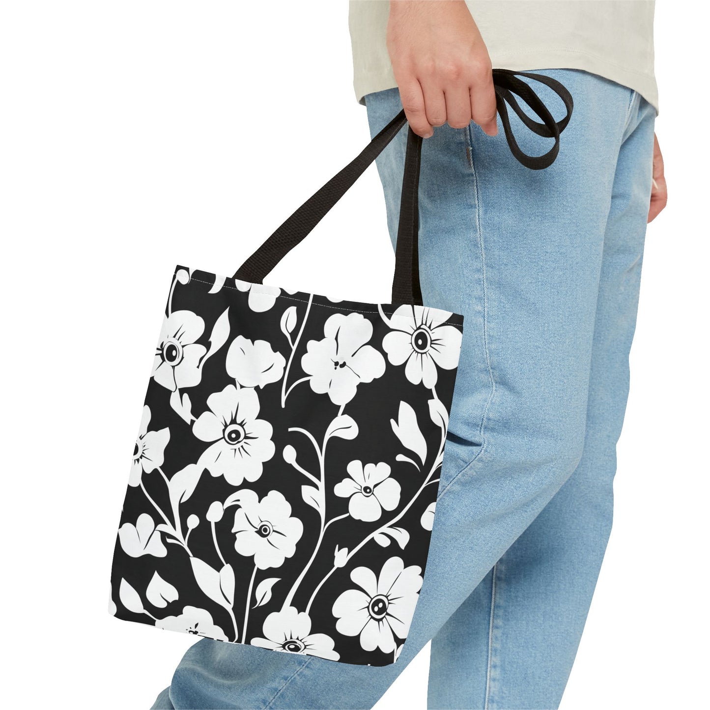 Elegant Floral Tote Bag, Black and White Tote, Eco-Friendly Shopping Bag