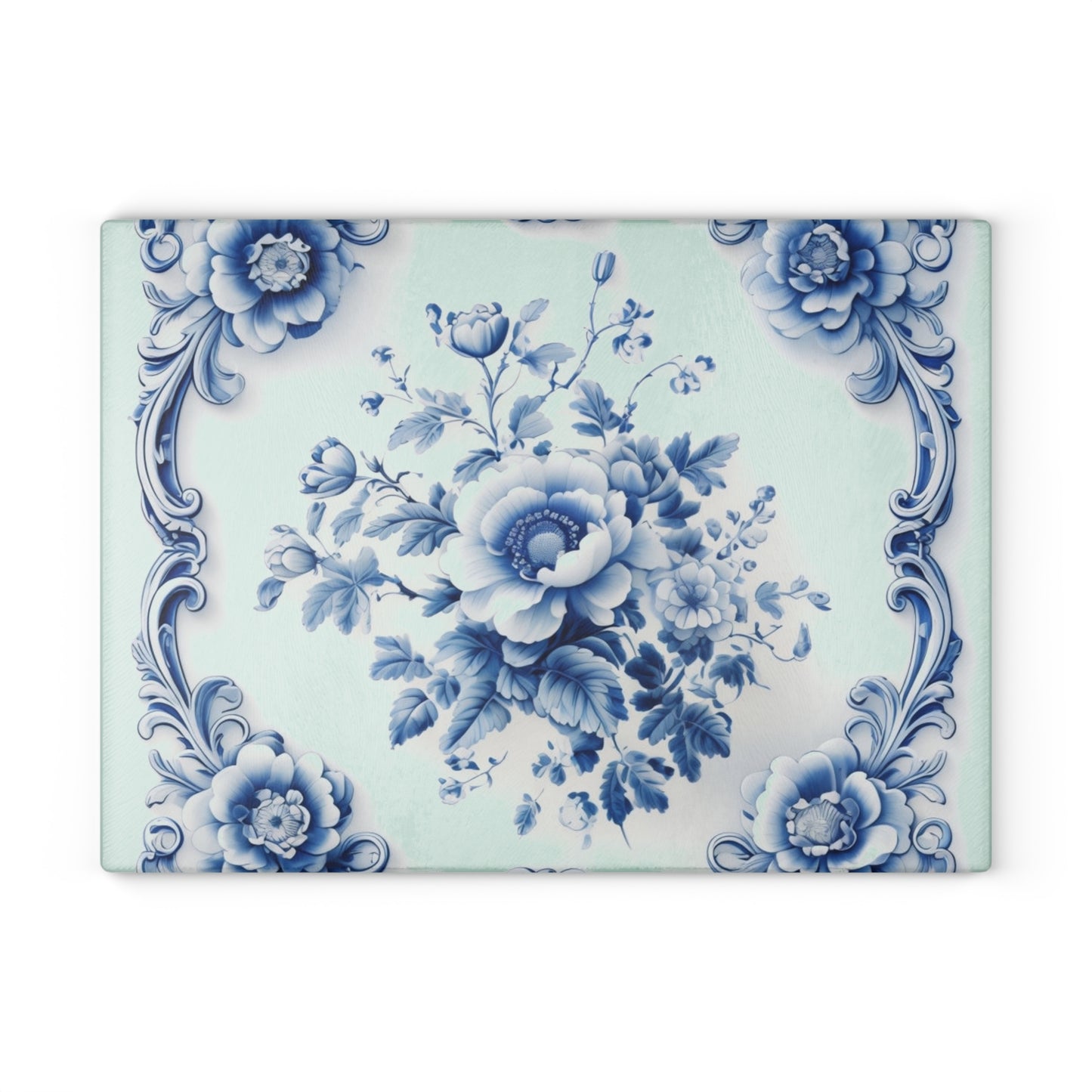 Blue Floral Glass Cutting Board — Vintage Delft-Style Kitchen Serving & Chopping Board