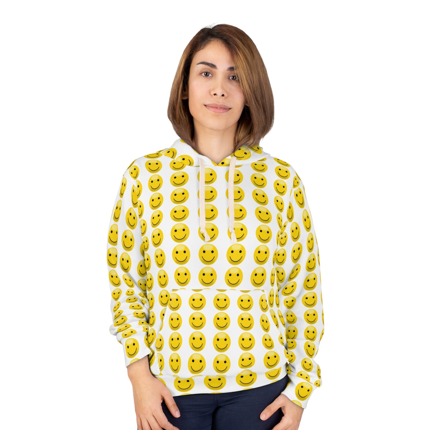 Smiley Face Hoodie - Unisex Pullover with All-Over Print, Perfect for Casual Outings, Gifts for Teens, Cozy Loungewear, and Happy Occasions